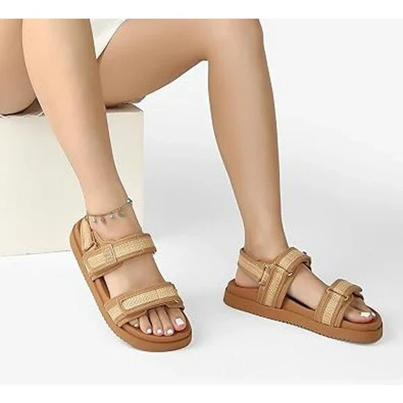 Lucky Step Womens Size 7.5 Tan Hook Loop Open Toe Double Strap Sandal Shoes - Picture 6 of 7